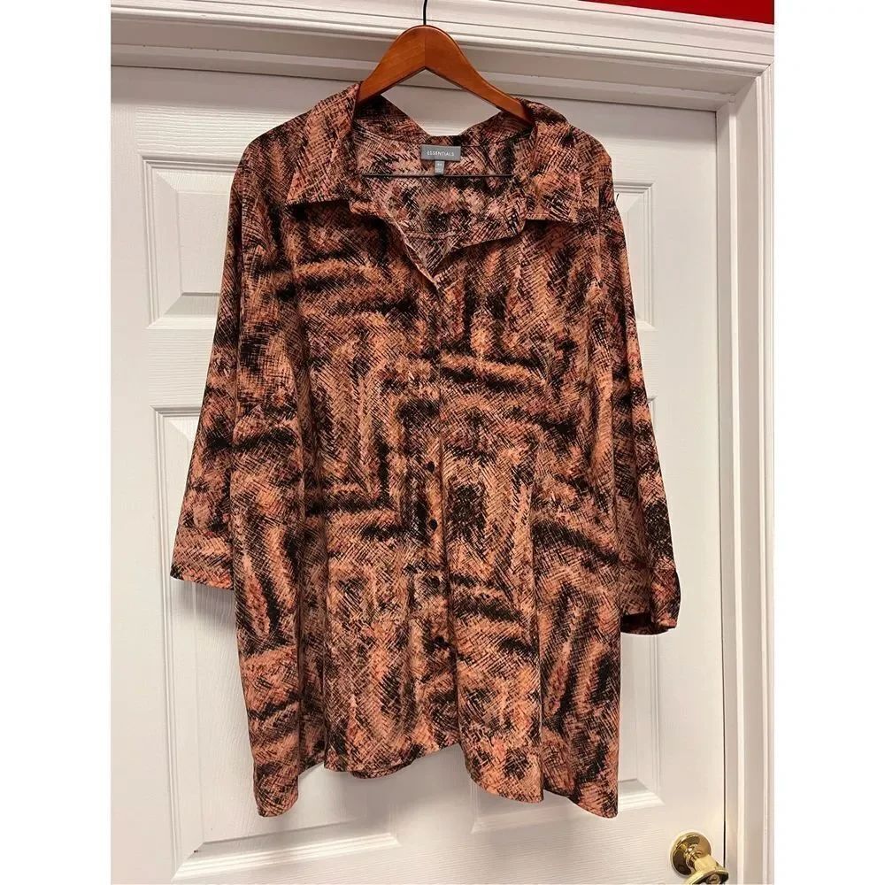 Essentials Black & Rose Print Button Down Tunic Shirt sz 4X EUC